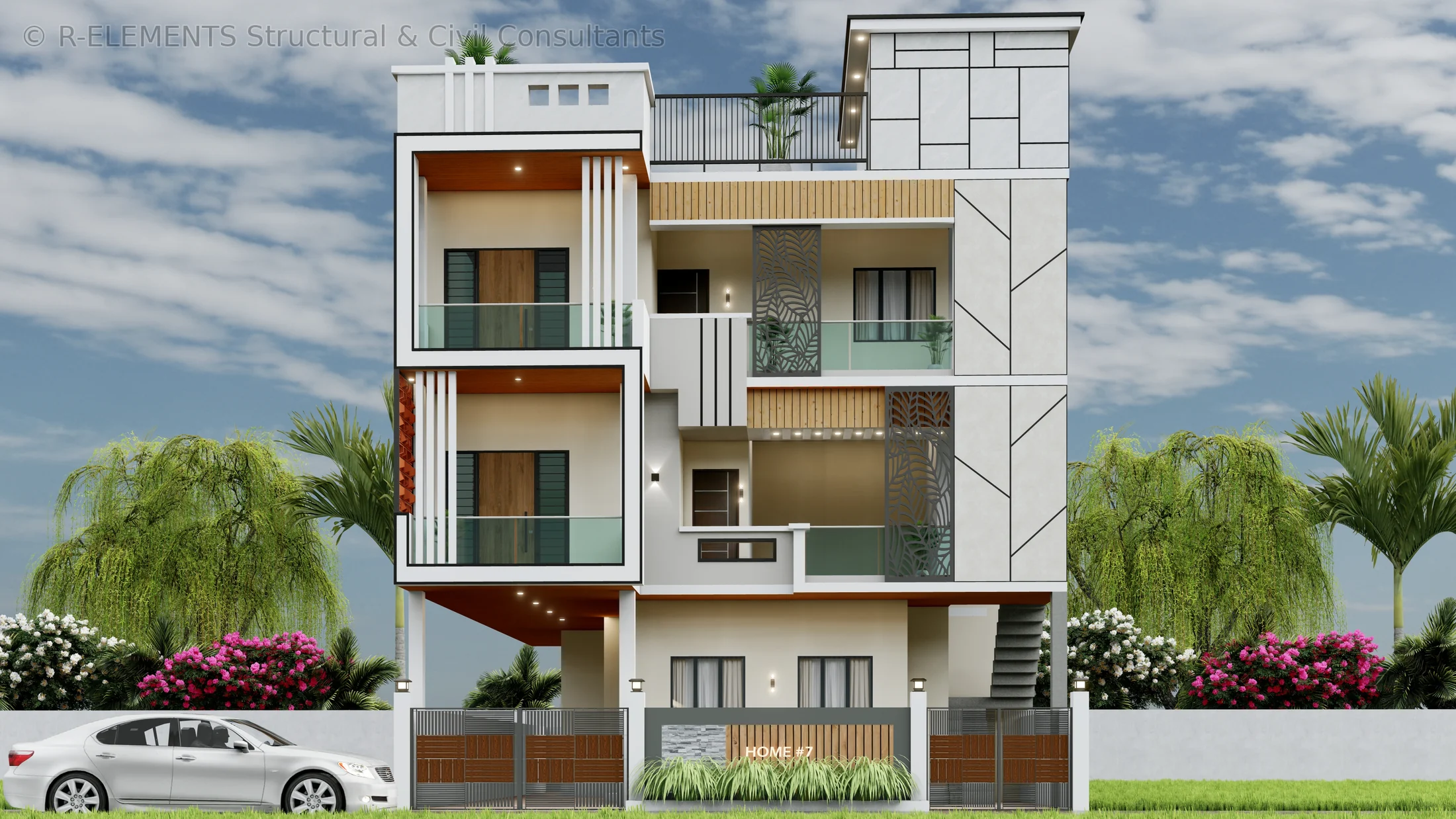Modern residential front elevation design visual
